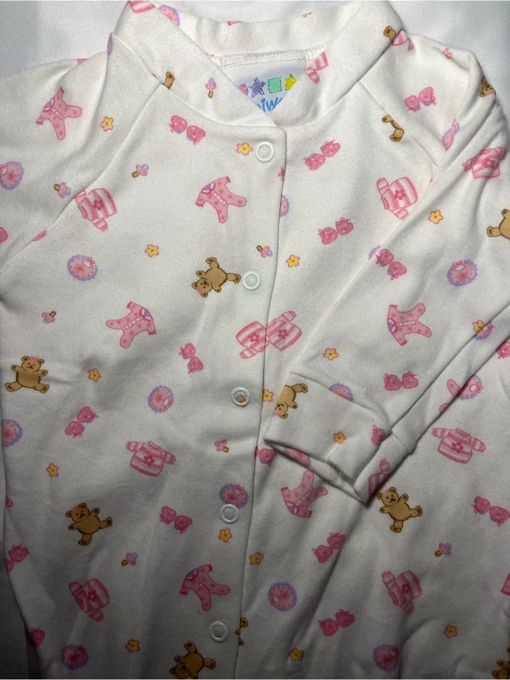 Vintage Miniwear Baby Girl 3-6M Sleeper Lot 2 Pink White Teddy Bear NWOT Pajamas